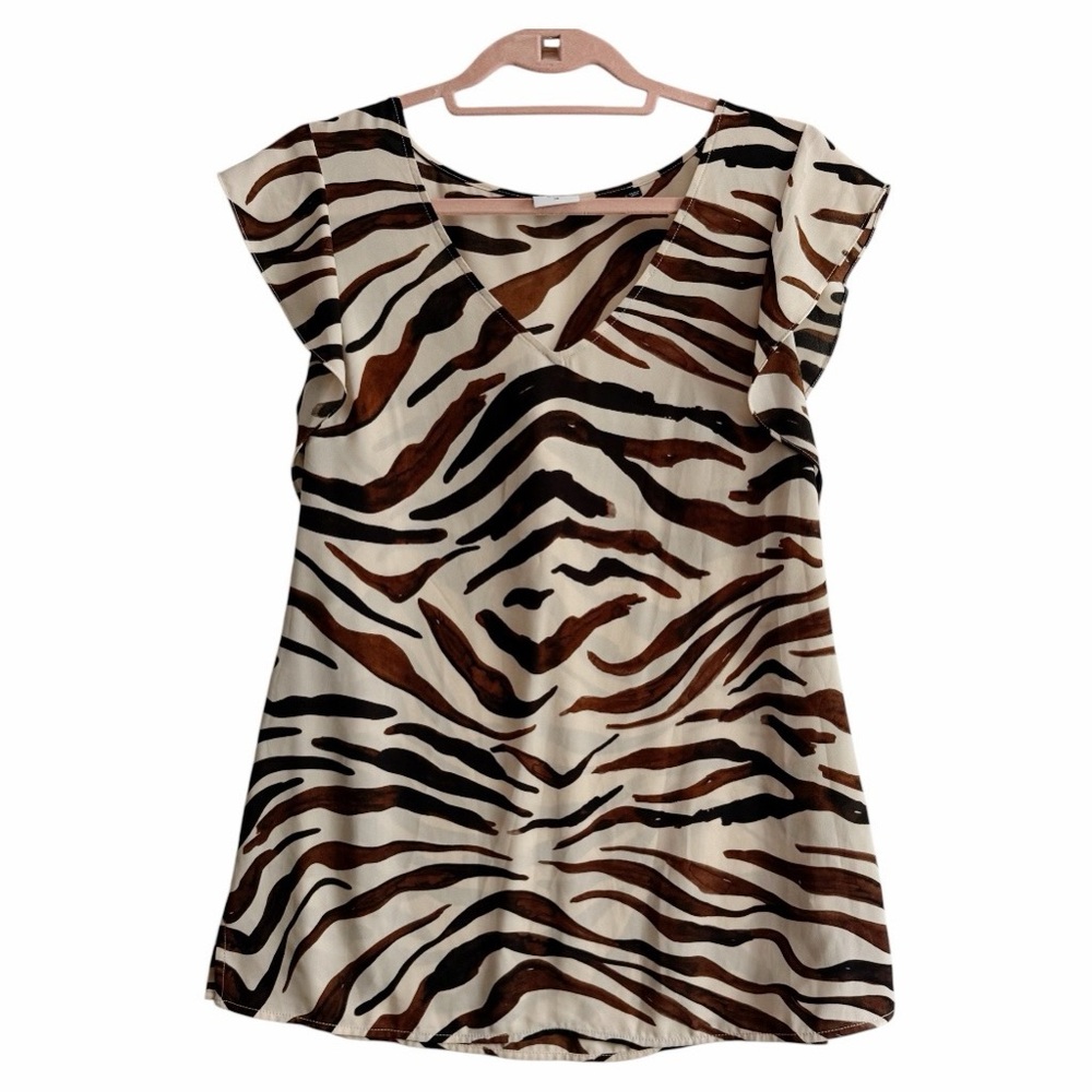 CAbi Simone Animal Print Flutter Sleeve Top in Brown 3771 Size Medium